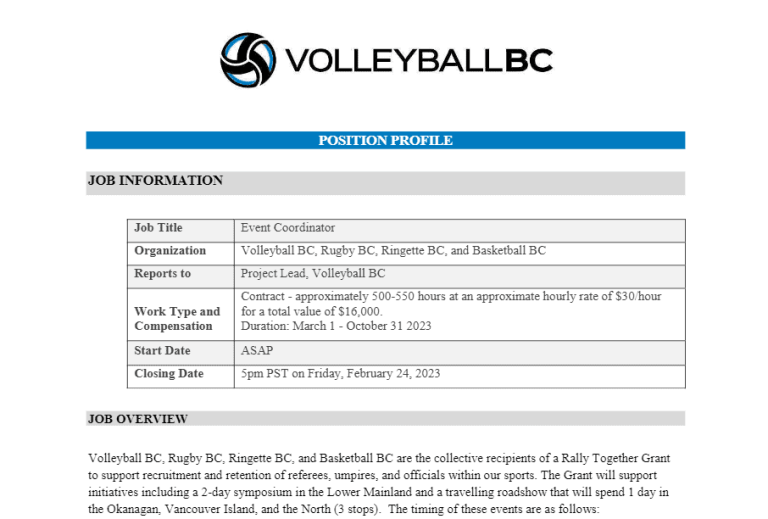Employment Opportunities Volleyball BC